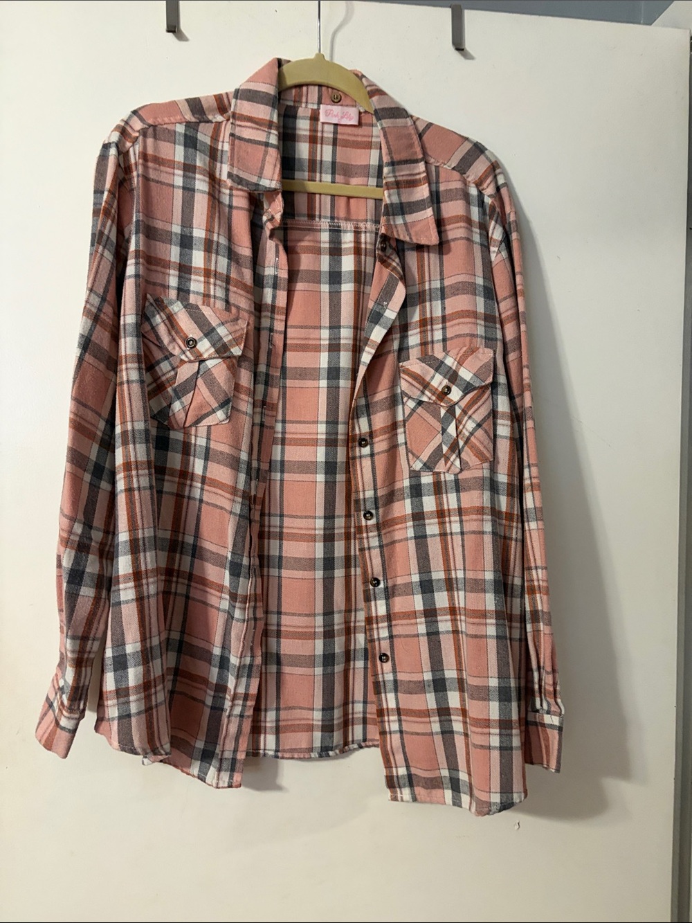 Pink Lily Peach and Gray Plaid Shirt